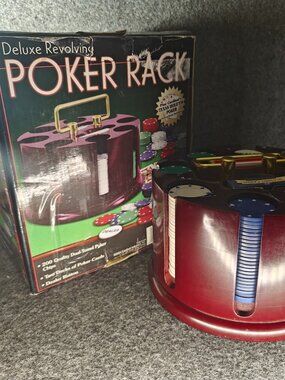 Deluxe Revolving Poker Rack 200 Chips 2 Decks Dealer Button PREOWNED BOX